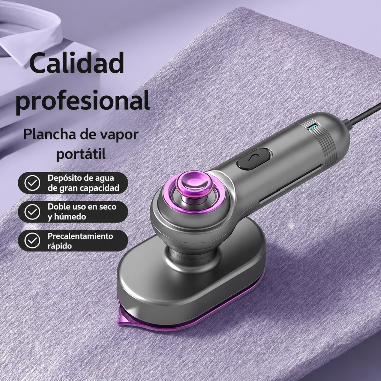 Mini plancha de vapor portátil para ropa con rotación de seguridad, resistente a altas temperaturas y diseñada para uso doméstico. Ideal para planchar prendas de forma rápida y cómoda en casa o de viaje.