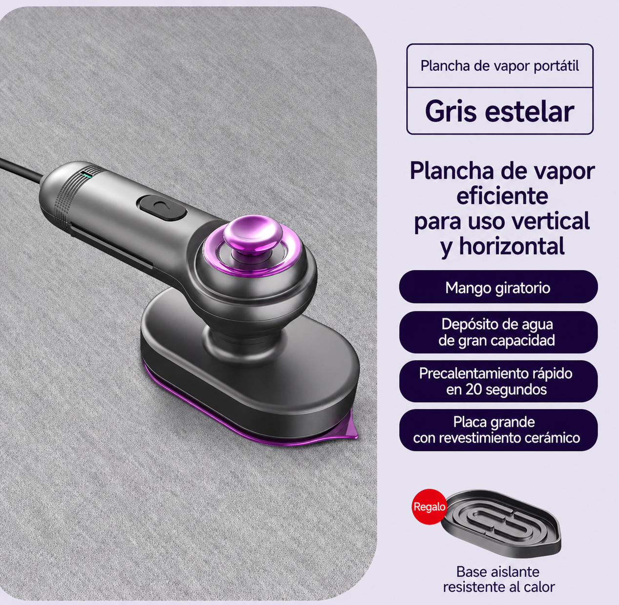 Mini plancha de vapor portátil para ropa con rotación de seguridad, resistente a altas temperaturas y diseñada para uso doméstico. Ideal para planchar prendas de forma rápida y cómoda en casa o de viaje.